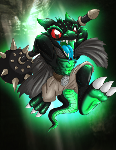 illustration-procreate-numerique-snig-kobold-dnd-barbare-morgenstern-cape-grotte-vert-freelance-graphic-project-art-artiste-lesgribouillagesdepikrachou