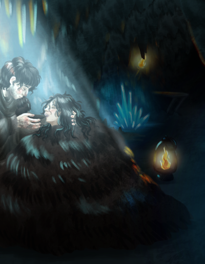 illustration-procreate-numerique-grotte-garcon-mere-manger-cristaux-glace-feu-torches-sac-couvertures-fourrures-lune-faim-bleu-brun-freelance-graphic-project-art-artiste-lesgribouillagesdepikrachou